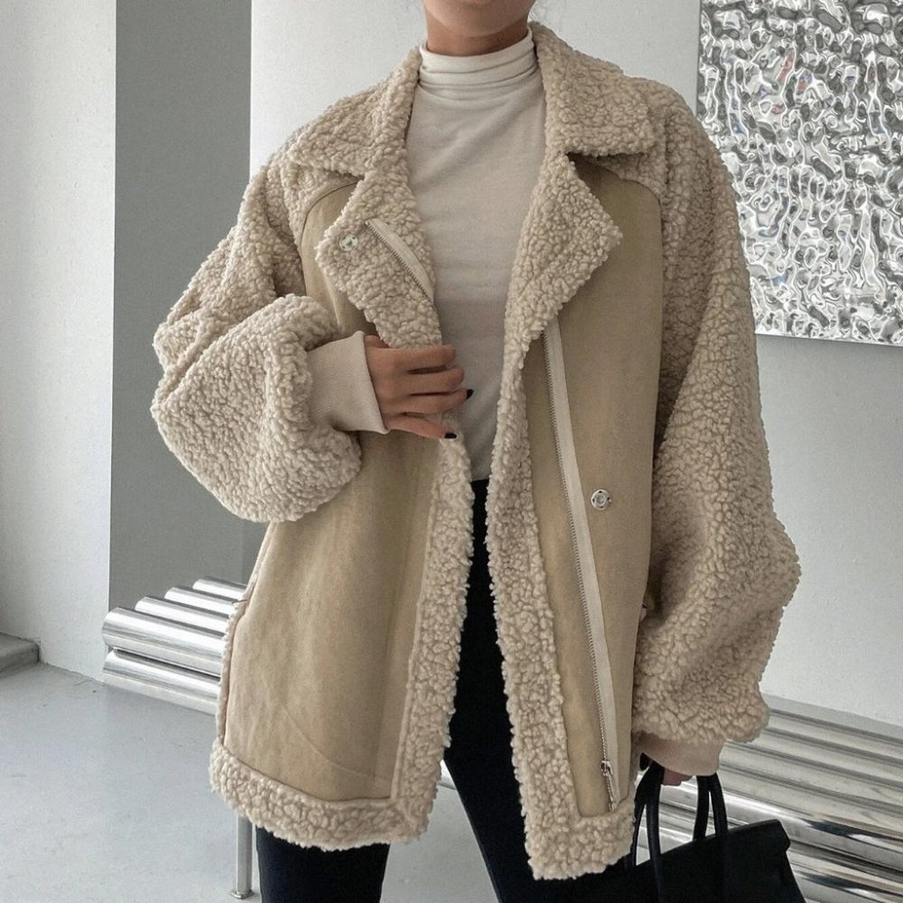 khaki "It coat" zip up faux suede teddy coat contemporary minimalist luxury - Picture 2 of 8